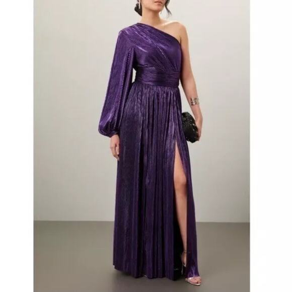 Bronx and Banco Women’s Florence Purple Metallic Pleated One Shoulder Gown Sz XS - Picture 1 of 13